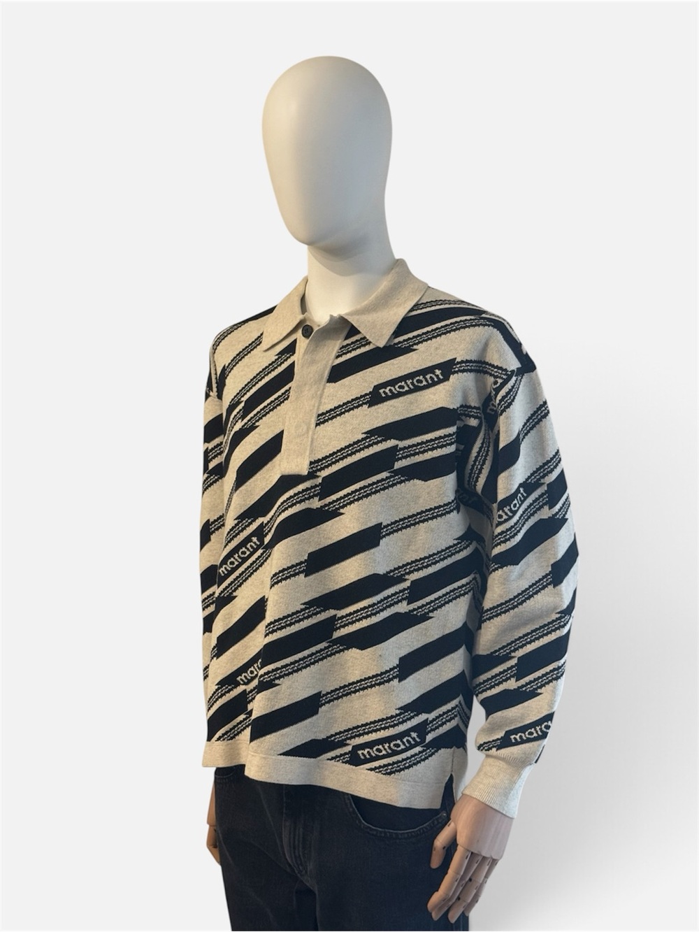 Isabel Marant Black & Beige Diagonal Stripe Polo Sweater - Picture 2 of 7